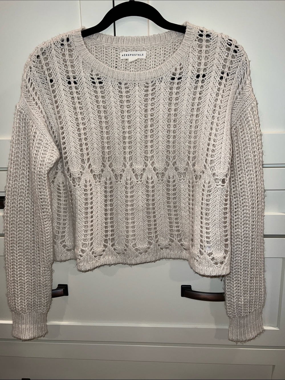 Aeropostale Women's Open-Knit Crewneck Sweater — Light Taupe